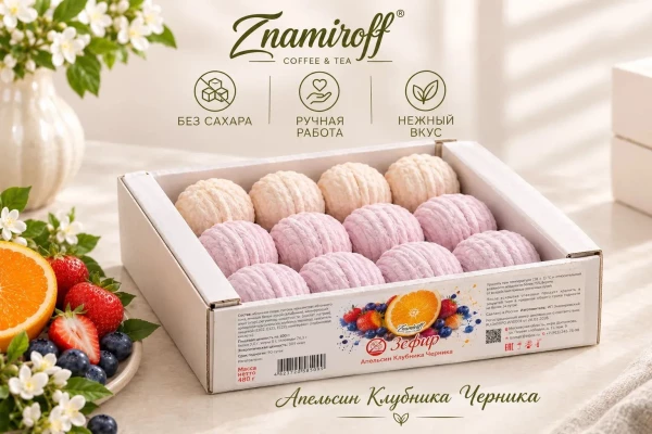 №1 Зефир БЕЗ САХАРА Ассорти №1(Апельсин-Клубника-Черника), 480г в Лысьве